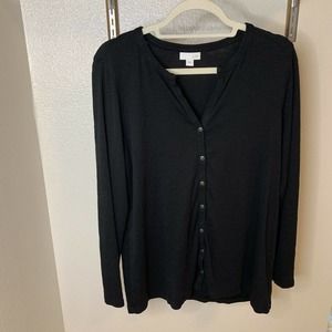 J. Jill Button Down Knit Black Shirt V-Neck Long Sleeve Pima Cotton Top Size L